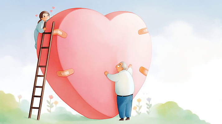 JPG 전신 구름 여자 노년 남자 감정 분홍색 일러스트 사다리 포옹 하늘 사랑 잔디 성인 두명 하트 마음 반창고 도움 풀 수리 상처 위로 국내일러스트 AI일러스트 AI콘텐츠 자연요소 모양 식물 컬러 컨셉 안기 사람 도구 의료용품 파일형식