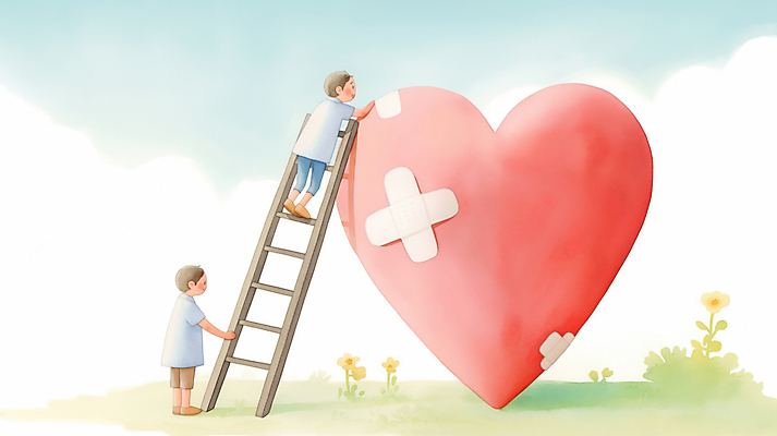 JPG 전신 구름 남자 감정 어린이 분홍색 일러스트 사다리 하늘 사랑 소년 잔디 두명 하트 마음 반창고 도움 풀 수리 상처 위로 소년만 국내일러스트 AI일러스트 AI콘텐츠 자연요소 모양 식물 컬러 컨셉 사람 도구 의료용품 남자만 어린이만 파일형식