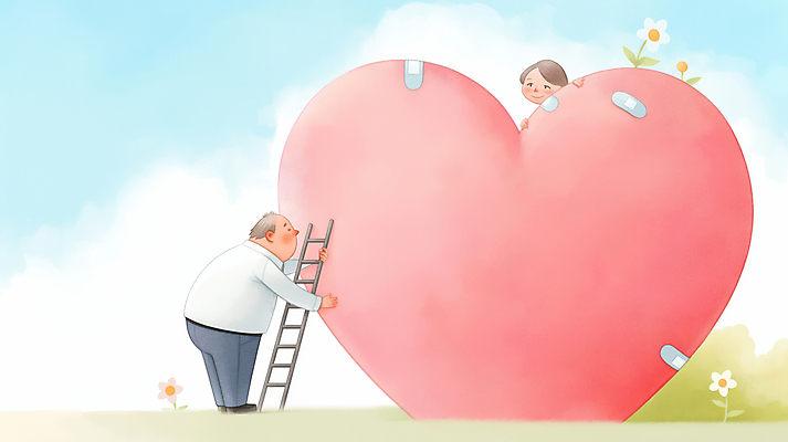 JPG 전신 구름 여자 노년 남자 감정 분홍색 일러스트 사다리 하늘 사랑 잔디 성인 두명 하트 마음 반창고 도움 풀 수리 상처 위로 국내일러스트 AI일러스트 AI콘텐츠 자연요소 모양 식물 컬러 컨셉 사람 도구 의료용품 파일형식