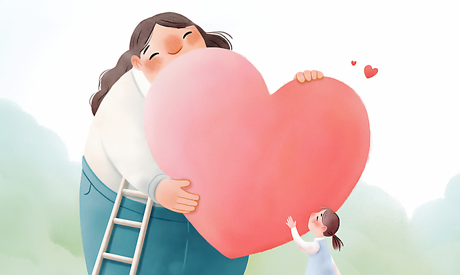 JPG 여자 감정 어린이 분홍색 일러스트 사다리 포옹 사랑 들기 소녀 성인 두명 하트 마음 도움 수리 상처 위로 여자만 국내일러스트 AI일러스트 AI콘텐츠 모양 컬러 컨셉 안기 모션 사람 도구 파일형식