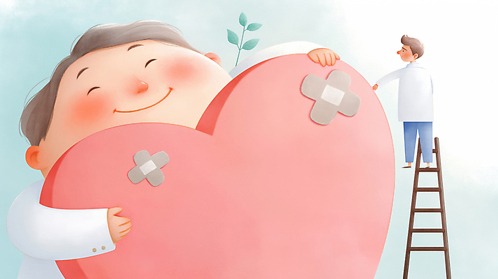 JPG 전신 남자 감정 분홍색 일러스트 사다리 포옹 사랑 성인 두명 하트 마음 반창고 도움 수리 상처 위로 성인남자만 국내일러스트 AI일러스트 AI콘텐츠 모양 컬러 컨셉 안기 사람 도구 의료용품 남자만 성인만 파일형식