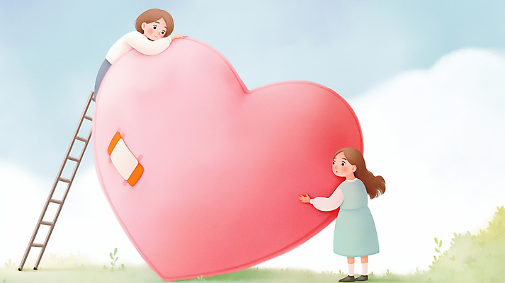 JPG 전신 구름 여자 감정 분홍색 일러스트 사다리 포옹 하늘 사랑 잔디 성인 두명 하트 마음 반창고 도움 풀 수리 상처 위로 성인만 국내일러스트 AI일러스트 AI콘텐츠 자연요소 모양 식물 컬러 컨셉 안기 사람 도구 의료용품 파일형식