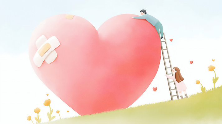 JPG 전신 구름 커플 여자 남자 꽃 감정 분홍색 일러스트 사다리 포옹 하늘 사랑 잔디 성인 두명 하트 마음 반창고 도움 풀 수리 상처 위로 성인만 국내일러스트 AI일러스트 AI콘텐츠 자연요소 모양 식물 컬러 컨셉 관계 안기 사람 도구 의료용품 파일형식