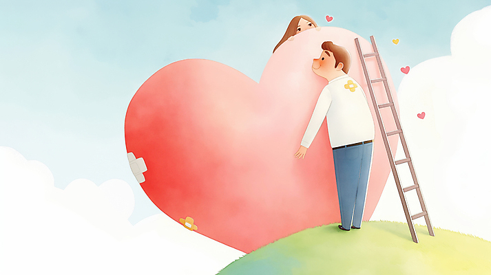 JPG 전신 구름 여자 남자 감정 분홍색 일러스트 사다리 포옹 하늘 사랑 잔디 성인 두명 하트 마음 반창고 도움 풀 수리 상처 위로 성인만 국내일러스트 AI일러스트 AI콘텐츠 자연요소 모양 식물 컬러 컨셉 안기 사람 도구 의료용품 파일형식