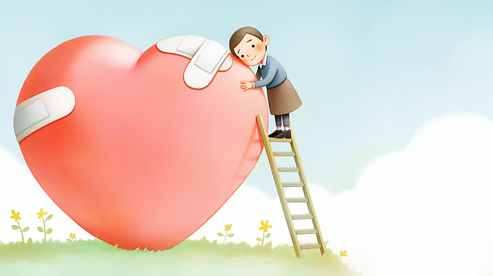 JPG 전신 구름 여자 감정 어린이 분홍색 일러스트 사다리 포옹 하늘 사랑 한명 소녀 잔디 하트 마음 반창고 도움 풀 수리 상처 위로 소녀한명만 국내일러스트 AI일러스트 AI콘텐츠 자연요소 모양 식물 1 컬러 컨셉 안기 사람 도구 의료용품 여자한명만 소녀만 파일형식