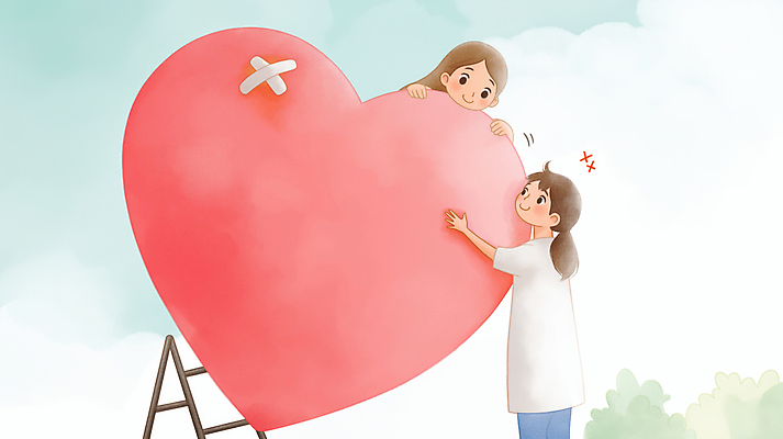 JPG 구름 여자 감정 분홍색 일러스트 사다리 포옹 하늘 사랑 잔디 두명 하트 마음 반창고 도움 풀 수리 상처 위로 국내일러스트 AI일러스트 AI콘텐츠 자연요소 모양 식물 컬러 컨셉 안기 사람 도구 의료용품 파일형식