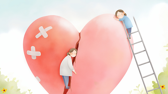 JPG 전신 구름 여자 감정 분홍색 일러스트 사다리 포옹 하늘 사랑 소녀 성인 두명 하트 마음 반창고 도움 풀 균열 수리 상처 위로 여자만 국내일러스트 AI일러스트 AI콘텐츠 자연요소 모양 식물 어린이 컬러 컨셉 안기 모션 사람 도구 의료용품 파일형식