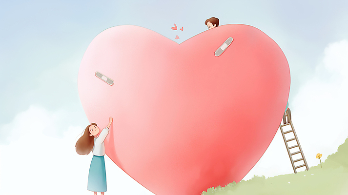 JPG 전신 구름 여자 남자 감정 분홍색 일러스트 사다리 포옹 하늘 사랑 잔디 성인 두명 하트 마음 반창고 도움 풀 수리 상처 위로 성인만 국내일러스트 AI일러스트 AI콘텐츠 자연요소 모양 식물 컬러 컨셉 안기 사람 도구 의료용품 파일형식