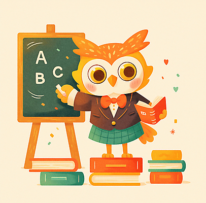 JPG 동물 알파벳 리본 일러스트 교실 나비넥타이 따뜻함 사람없음 책 치마 귀여움 교사 칠판 가르침 새캐릭터 분필 부엉이 국내일러스트 AI일러스트 AI콘텐츠 직업 영어 교육 동물캐릭터 컨셉 학교 조류 하의 넥타이 초크 파일형식