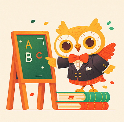 JPG 동물 알파벳 리본 일러스트 교실 나비넥타이 따뜻함 사람없음 책 치마 귀여움 교사 칠판 가르침 새캐릭터 부엉이 국내일러스트 AI일러스트 AI콘텐츠 직업 영어 교육 동물캐릭터 컨셉 학교 조류 하의 넥타이 파일형식