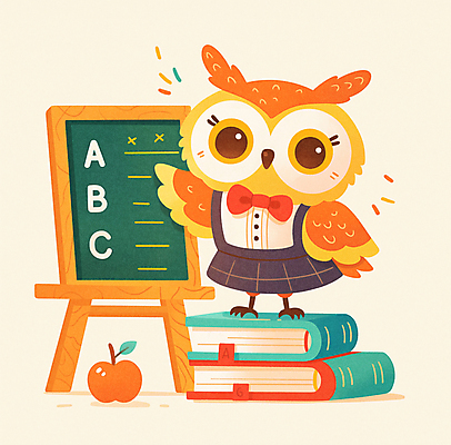 JPG 동물 알파벳 리본 일러스트 교실 나비넥타이 따뜻함 사람없음 책 치마 귀여움 교사 칠판 가르침 사과 새캐릭터 부엉이 국내일러스트 AI일러스트 AI콘텐츠 직업 영어 교육 동물캐릭터 컨셉 과일 학교 조류 하의 넥타이 파일형식
