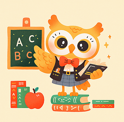 JPG 동물 알파벳 리본 일러스트 교실 나비넥타이 따뜻함 들기 사람없음 책 반짝임 치마 귀여움 교사 칠판 가르침 사과 새캐릭터 부엉이 국내일러스트 AI일러스트 AI콘텐츠 직업 영어 교육 동물캐릭터 컨셉 과일 학교 모션 조류 하의 넥타이 파일형식