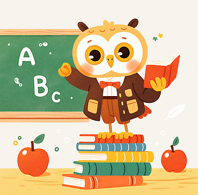JPG 동물 알파벳 리본 일러스트 교실 나비넥타이 따뜻함 들기 사람없음 책 귀여움 교사 칠판 가르침 사과 새캐릭터 부엉이 책더미 국내일러스트 AI일러스트 AI콘텐츠 직업 영어 교육 동물캐릭터 컨셉 과일 학교 모션 조류 넥타이 무더기 파일형식