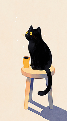 JPG 여유 커피 의자 일러스트 아침 휴식 사람없음 검은색 고양이 머그컵 국내일러스트 AI일러스트 AI콘텐츠 주간 감정 음료 컬러 가구 컨셉 포유류 컵 반려동물 파일형식