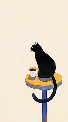 JPG 여유 커피 일러스트 탁자 아침 휴식 사람없음 검은색 고양이 머그컵 국내일러스트 AI일러스트 AI콘텐츠 주간 감정 음료 컬러 가구 컨셉 포유류 컵 반려동물 파일형식