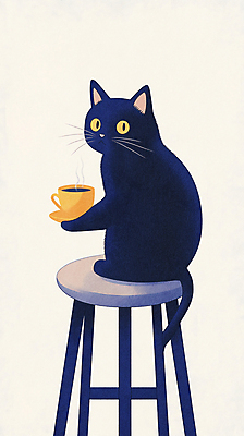 JPG 여유 커피 의자 일러스트 아침 휴식 들기 사람없음 검은색 고양이 머그컵 국내일러스트 AI일러스트 AI콘텐츠 주간 감정 음료 컬러 가구 컨셉 포유류 모션 컵 반려동물 파일형식