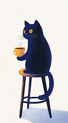 JPG 여유 커피 의자 일러스트 아침 휴식 들기 사람없음 검은색 고양이 머그컵 국내일러스트 AI일러스트 AI콘텐츠 주간 감정 음료 컬러 가구 컨셉 포유류 모션 컵 반려동물 파일형식