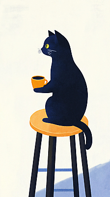 JPG 여유 커피 의자 일러스트 아침 휴식 들기 사람없음 검은색 고양이 머그컵 국내일러스트 AI일러스트 AI콘텐츠 주간 감정 음료 컬러 가구 컨셉 포유류 모션 컵 반려동물 파일형식