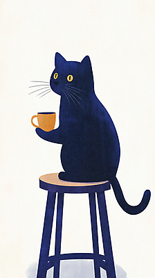 JPG 여유 커피 의자 일러스트 아침 휴식 들기 사람없음 검은색 고양이 머그컵 국내일러스트 AI일러스트 AI콘텐츠 주간 감정 음료 컬러 가구 컨셉 포유류 모션 컵 반려동물 파일형식