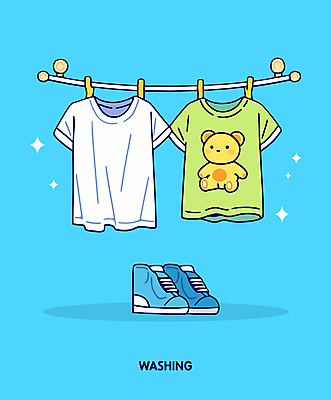 하늘색 신발 티셔츠 일러스트 사람없음 반짝임 청결 위생 빨랫줄 세제 빨래집게 건조대 빨랫감 세탁용품 엘리먼트 국내일러스트 AI파일 줄 생활용품 셔츠 모션 건조 집게 파란색 빨래 파일형식 벡터