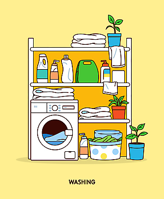 식물 화분 일러스트 사람없음 인테리어 수건 노란색 청결 위생 세제 진열장 정리 세탁기 빨랫감 섬유유연제 세탁용품 국내일러스트 AI파일 디자인 컬러 생활용품 위생용품 가전제품 빨래 파일형식 벡터