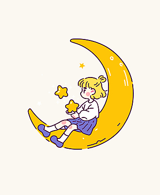 전신 구름 여자 별 어린이 일러스트 휴식 한명 들기 앉기 소녀 노란색 꿈 초승달 소녀한명만 국내일러스트 AI파일 자연요소 1 컬러 컨셉 모션 사람 달 여자한명만 소녀만 파일형식 벡터