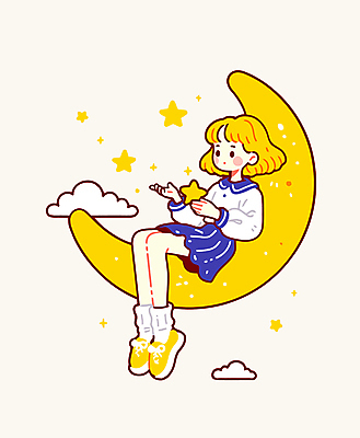 전신 구름 여자 별 어린이 일러스트 휴식 한명 들기 앉기 소녀 반짝임 노란색 기댐 꿈 초승달 소녀한명만 국내일러스트 AI파일 자연요소 1 컬러 컨셉 모션 사람 달 여자한명만 소녀만 파일형식 벡터