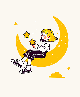 전신 구름 여자 별 어린이 일러스트 휴식 한명 들기 앉기 소녀 노란색 꿈 초승달 소녀한명만 국내일러스트 AI파일 자연요소 1 컬러 컨셉 모션 사람 달 여자한명만 소녀만 파일형식 벡터