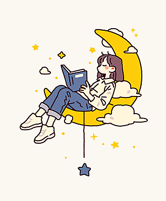 전신 구름 여자 별 어린이 일러스트 휴식 한명 앉기 소녀 책 반짝임 독서 노란색 기댐 꿈 초승달 소녀한명만 국내일러스트 AI파일 자연요소 1 컬러 컨셉 모션 사람 달 여자한명만 소녀만 파일형식 벡터