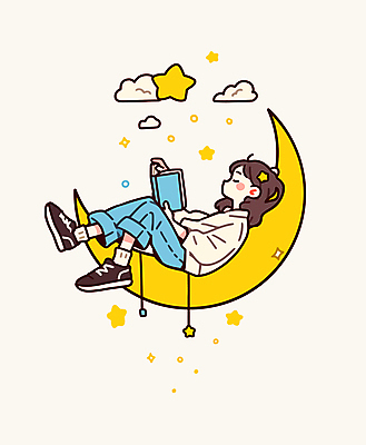 전신 구름 여자 별 어린이 일러스트 휴식 한명 앉기 소녀 책 반짝임 독서 노란색 기댐 꿈 초승달 소녀한명만 국내일러스트 AI파일 자연요소 1 컬러 컨셉 모션 사람 달 여자한명만 소녀만 파일형식 벡터