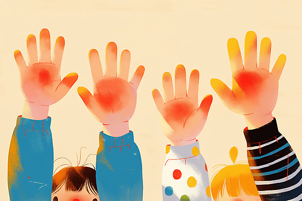 JPG 손 옷 어린이 일러스트 따뜻함 손바닥 손짓 두명 손들기 줄무늬 활기 소매 손뼉치기 어린이만 국내일러스트 AI일러스트 AI콘텐츠 컨셉 무늬 모션 사람 신체부위 파일형식