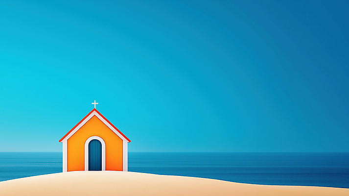 JPG 편집이미지 기독교 종교 바다 풍경 사람없음 파란색 교회 평화 고독 이미지편집 편집실사 AI컴퓨터그래픽 AI콘텐츠 감정 컬러 컨셉 종교건축 건물 CG 파일형식