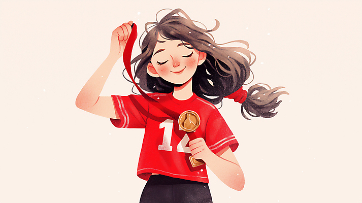JPG 여자 어린이 스포츠 일러스트 한명 미소 웃음 소녀 상반신 빨간색 운동 눈감음 기쁨 우승 트로피 메달 시상 우승자 소녀한명만 국내일러스트 AI일러스트 AI콘텐츠 1 감정 컬러 모션 표정 건강 사람 최고 상_우승 상_상패 여자한명만 소녀만 파일형식
