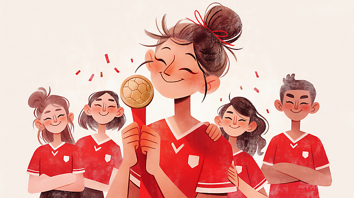 JPG 여자 어린이 스포츠 일러스트 협력 미소 웃음 들기 소녀 여러명 상반신 빨간색 운동 팔짱 기쁨 메달 꽃가루 축구복 축구단 소녀만 국내일러스트 AI일러스트 AI콘텐츠 감정 컬러 다수 모션 표정 건강 사람 운동복 축구 가루 상_상패 여자만 어린이만 파일형식