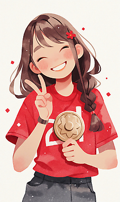 JPG 여자 어린이 스포츠 일러스트 한명 미소 웃음 들기 소녀 상반신 빨간색 운동 기쁨 메달 브이 꽃가루 소녀한명만 국내일러스트 AI일러스트 AI콘텐츠 1 감정 컬러 모션 표정 건강 사람 손짓 가루 상_상패 여자한명만 소녀만 파일형식