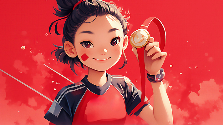 JPG 응시 여자 어린이 스포츠 일러스트 한명 미소 웃음 들기 소녀 상반신 빨간색 운동 기쁨 우승 메달 소녀한명만 국내일러스트 AI일러스트 AI콘텐츠 1 시선 감정 컬러 모션 표정 건강 사람 최고 상_상패 여자한명만 소녀만 파일형식