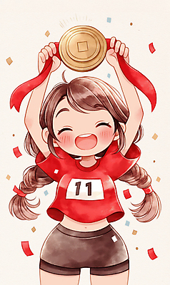 JPG 여자 리본 어린이 스포츠 일러스트 한명 미소 웃음 들기 소녀 빨간색 운동 기쁨 우승 트로피 꽃가루 시상 우승자 소녀한명만 국내일러스트 AI일러스트 AI콘텐츠 1 감정 컬러 모션 표정 건강 사람 최고 가루 상_우승 여자한명만 소녀만 파일형식