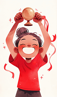 JPG 여자 리본 어린이 일러스트 한명 미소 웃음 들기 소녀 빨간색 반짝임 운동 기쁨 우승 트로피 시상 우승자 소녀한명만 국내일러스트 AI일러스트 AI콘텐츠 1 감정 컬러 모션 표정 건강 사람 최고 상_우승 여자한명만 소녀만 파일형식