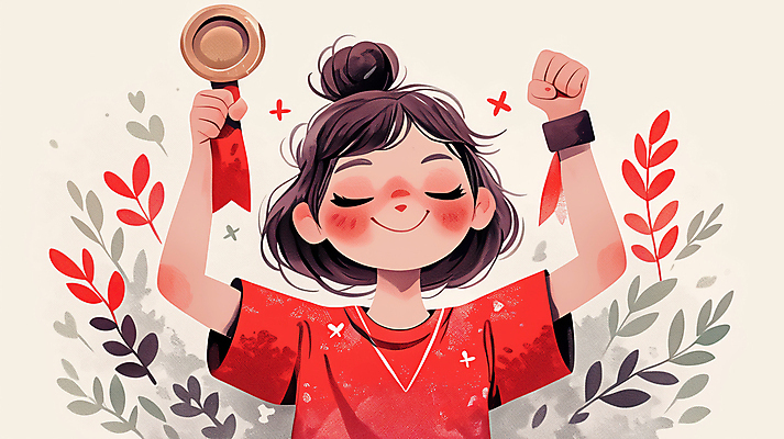 JPG 여자 어린이 스포츠 잎 일러스트 한명 미소 들기 소녀 상반신 빨간색 운동 눈감음 기쁨 만세 우승 아대 소녀한명만 국내일러스트 AI일러스트 AI콘텐츠 식물 1 감정 컬러 모션 표정 건강 사람 최고 여자한명만 소녀만 파일형식