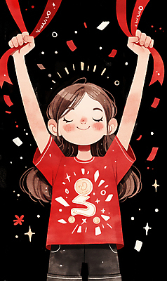 JPG 여자 리본 어린이 스포츠 일러스트 응원 한명 미소 소녀 빨간색 반짝임 운동 눈감음 기쁨 만세 꽃가루 소녀한명만 국내일러스트 AI일러스트 AI콘텐츠 1 감정 컬러 모션 표정 건강 사람 가루 여자한명만 소녀만 파일형식