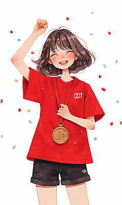JPG 여자 어린이 스포츠 일러스트 한명 소녀 빨간색 손들기 기쁨 잡기 메달 꽃가루 세레모니 소녀한명만 국내일러스트 AI일러스트 AI콘텐츠 1 감정 컬러 모션 사람 가루 상_상패 여자한명만 소녀만 파일형식