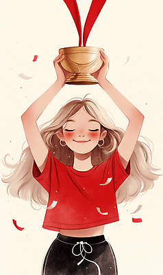 JPG 여자 리본 어린이 스포츠 일러스트 한명 미소 들기 소녀 빨간색 눈감음 기쁨 우승 트로피 꽃가루 시상 우승자 소녀한명만 국내일러스트 AI일러스트 AI콘텐츠 1 감정 컬러 모션 표정 사람 최고 가루 상_우승 여자한명만 소녀만 파일형식