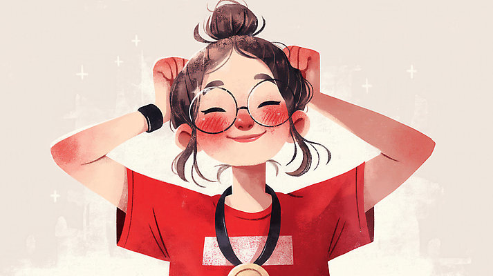 JPG 여자 어린이 스포츠 일러스트 한명 미소 웃음 소녀 상반신 빨간색 운동 손들기 기쁨 세레모니 아대 소녀한명만 안경낌 국내일러스트 AI일러스트 AI콘텐츠 1 감정 안경 컬러 모션 표정 건강 사람 여자한명만 소녀만 파일형식