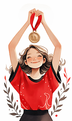 JPG 여자 어린이 스포츠 잎 일러스트 한명 미소 들기 소녀 상반신 빨간색 기쁨 메달 월계수 소녀한명만 국내일러스트 AI일러스트 AI콘텐츠 식물 1 감정 컬러 모션 표정 사람 상_상패 여자한명만 소녀만 파일형식