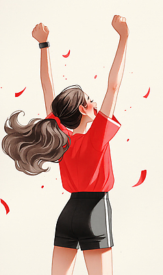 JPG 여자 어린이 스포츠 일러스트 응원 한명 소녀 뒷모습 빨간색 운동 기쁨 만세 소녀한명만 국내일러스트 AI일러스트 AI콘텐츠 1 감정 뷰포인트 컬러 모션 건강 사람 여자한명만 소녀만 파일형식