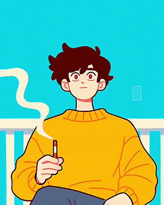 JPG 응시 남자 하늘색 일러스트 난간 담배 한명 앉기 성인 니트 담배연기 흡연자 성인남자한명만 국내일러스트 AI일러스트 AI콘텐츠 1 시선 상의 모션 흡연 사람 파란색 연기 남자한명만 성인남자만 파일형식