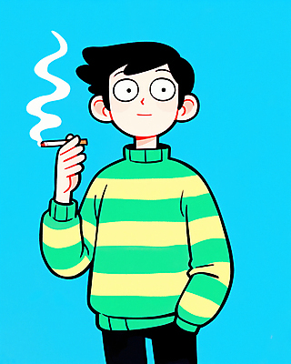 JPG 남자 하늘색 일러스트 담배 한명 들기 성인 줄무늬 주머니손 담배연기 흡연자 성인남자한명만 국내일러스트 AI일러스트 AI콘텐츠 1 무늬 모션 흡연 사람 파란색 연기 남자한명만 성인남자만 파일형식