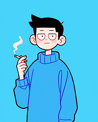 JPG 남자 하늘색 일러스트 담배 한명 들기 상반신 성인 니트 담배연기 흡연자 성인남자한명만 국내일러스트 AI일러스트 AI콘텐츠 1 상의 모션 흡연 사람 파란색 연기 남자한명만 성인남자만 파일형식