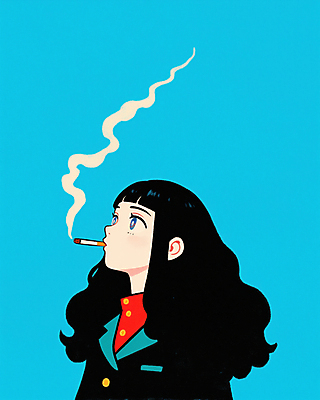 JPG 응시 여자 하늘색 일러스트 담배 한명 상반신 성인 옆모습 물기 담배연기 흡연자 성인여자한명만 국내일러스트 AI일러스트 AI콘텐츠 1 시선 뷰포인트 모션 흡연 사람 파란색 연기 여자한명만 성인여자만 파일형식