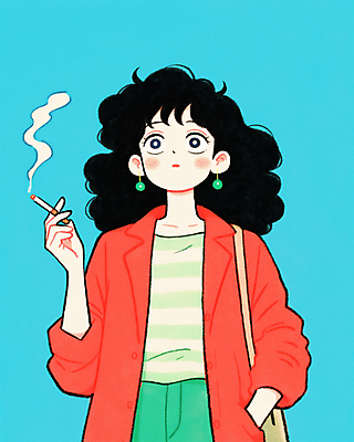 JPG 응시 여자 패션 하늘색 일러스트 담배 한명 들기 성인 컬러풀 귀걸이 담배연기 흡연자 성인여자한명만 국내일러스트 AI일러스트 AI콘텐츠 1 시선 컬러 장신구 모션 흡연 사람 파란색 연기 여자한명만 성인여자만 파일형식
